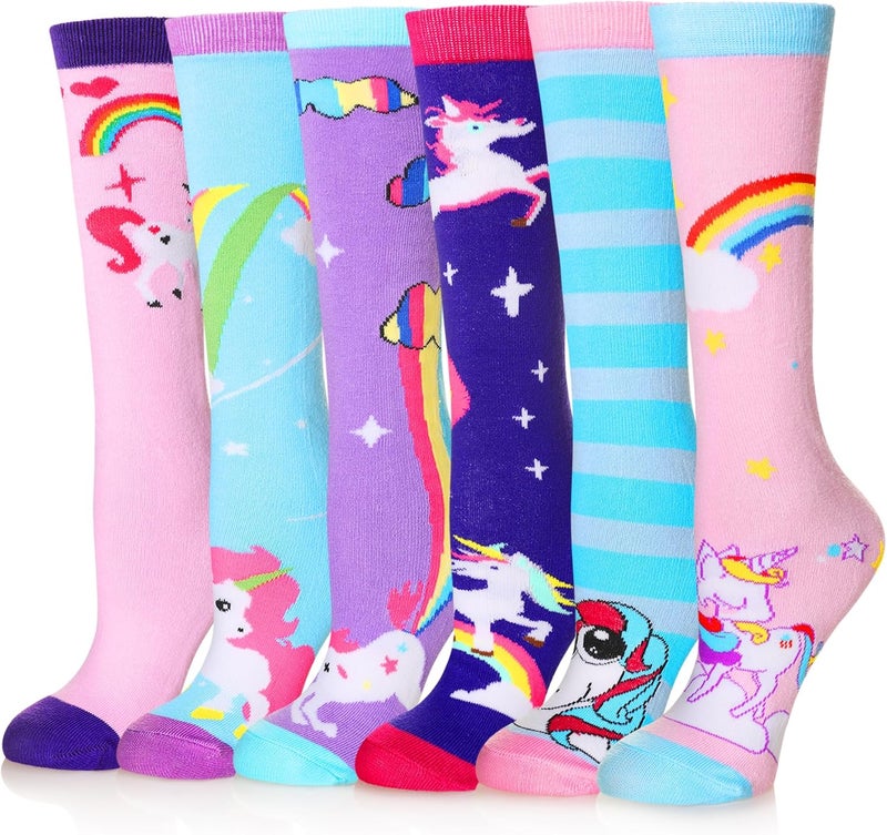 Eocom Girls Knee High Socks Kids Crazy Fun Gift Silly Tall Boot Cute Animal Cotton Long Socks 6 Pairs - Image 1